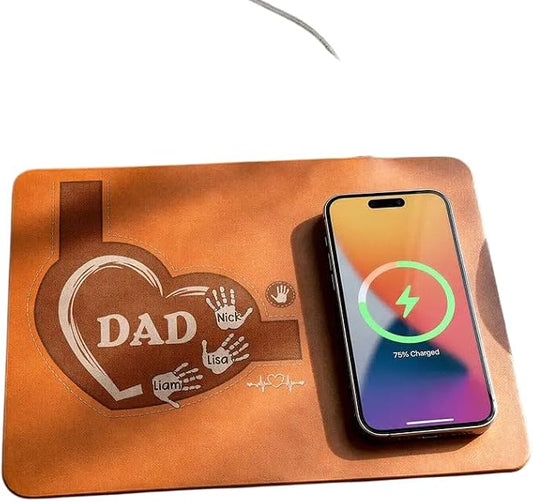 Personalized Leather Charging Mat, Dad Kids Handprints Wireless Charging Desk Mat, Custom Dad Gift from Kids, Fathers Day Gift for Dad, Papa, Grandpa, Daddy 9