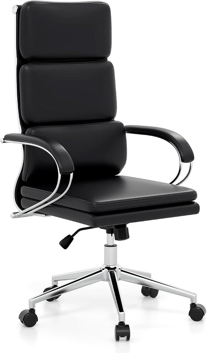 Giantex Ribbed Office Chair, High Back Ergonomic Desk Chair with Wheels & Rocking Function, Swivel Leather Desk Chair w/Arms & Removable Lumbar Support & Seat Cushions, Modern Executive Chair, Black