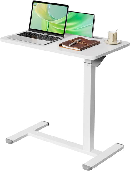 Gibbon Mounts Mobile Standing Desk, Pneumatic Adjustable Rolling Desk(27.5 Inches), Portable Laptop Desk with Wheels, Overbed Bedside Table Laptop Table for Couch, Home, Office, White