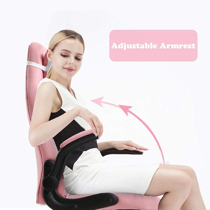 BestOffice Gaming Chair Office Chair Desk Chair with Lumbar Support Flip Up Arms Headrest Swivel Rolling Adjustable PU Leather Racing Computer Chair for Girls,Pink