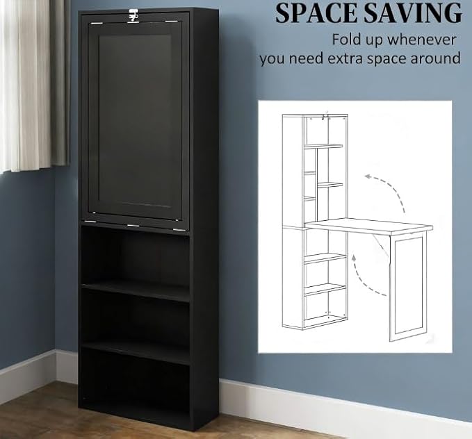 Foldable Wall Mounted Desk with Storage Shelves, Fold Out Convertible Computer Table with Blackboard, Folding Writing Table Workstation for Small Spaces,Home Office (Black)