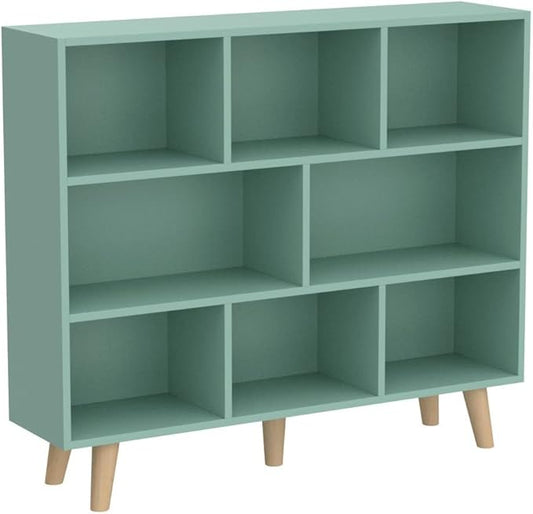 IOTXY Wooden Open Shelf Bookcase - 3-Tier Floor Standing Display Cabinet Rack with Legs, 8 Cubes Bookshelf, Tiffany-Green