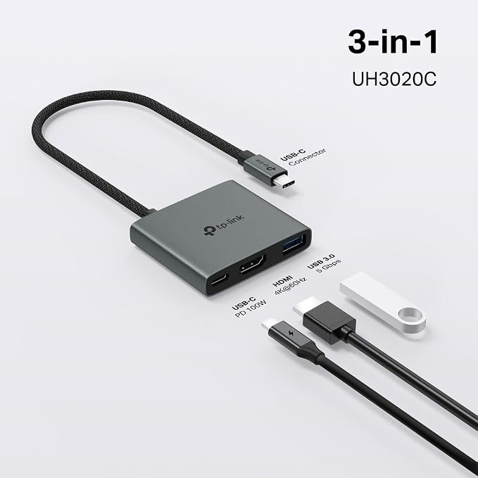TP-Link USB C Hub 3-in-1 Multiport Adapter (UH3020C) | 4K HDMI | 100W Power Delivery | 1×USB-A 3.0 Port | 5Gbps High-Speed Transfer | USB C Dongle for MacBook, iPad, ThinkPad and More | Plug and Play