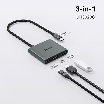 TP-Link USB C Hub 3-in-1 Multiport Adapter (UH3020C) | 4K HDMI | 100W Power Delivery | 1×USB-A 3.0 Port | 5Gbps High-Speed Transfer | USB C Dongle for MacBook, iPad, ThinkPad and More | Plug and Play