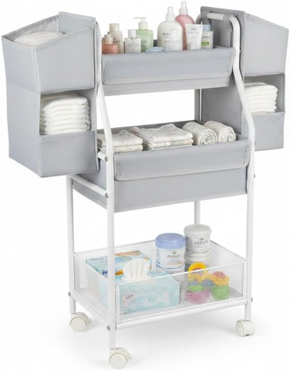 Moteph Rolling Utility Cart with Side Storage, 3-Tier Diaper Cart & Baby Caddy Organizer for Nursery Essentials, Bedside/Postpartum Nursing Cart, Craft & Art Storage Organizer, Rolling Book Cart