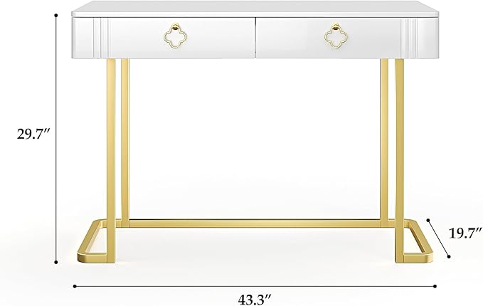 Tamworth Design White Vanity Desk with 2 Drawers, Gold and White Desk,Home Office Desk Modern Makeup Vanity Table, Entryway Console Table, Sofa Table (Deluxe Leg)