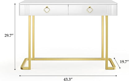 Tamworth Design White Vanity Desk with 2 Drawers, Gold and White Desk,Home Office Desk Modern Makeup Vanity Table, Entryway Console Table, Sofa Table (Deluxe Leg)