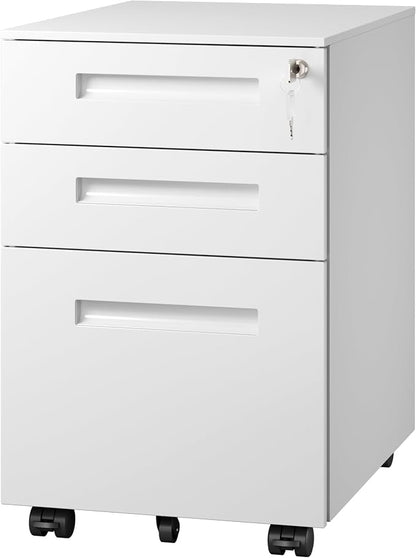 DEVAISE 3 Drawer File Cabinet with Lock, Under Desk Metal Filing Cabinet with Wheels for Home Office, Fits Letter/Legal/A4 Size, Fully Assembled Except Casters, White