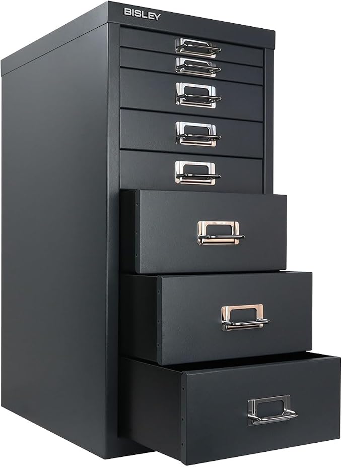 Bisley 8-Drawer Steel MultiDrawer Cabinet - Anthracite Grey | Chrome Pull Handles with Label Holders, Powder-Coated Steel, Removable Drawers, Fits Under Most Desks, Labels Included