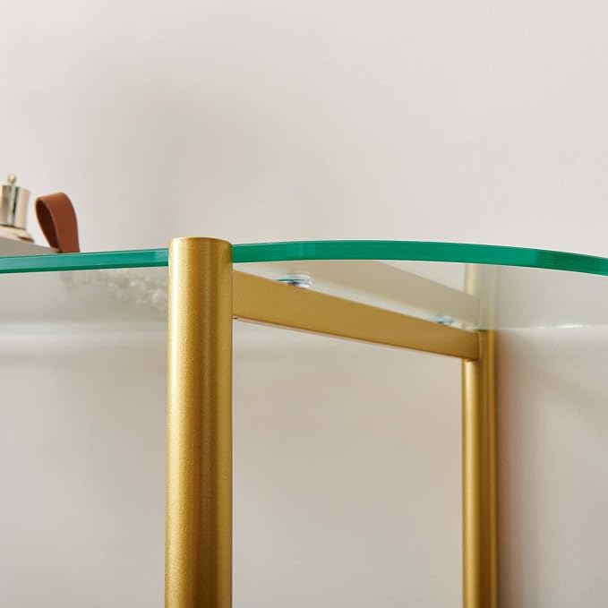 LumFurn Oval Glass Console Table for Living Room, Foyer & Entrance, 2-Tiers Mid-Century Modern Sofa Table with Clear Glass Top, Walnut Finish Wood Shelf and Gold Finish Frame