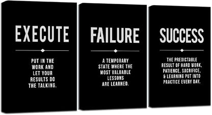 Framed Canvas Wall Art Success Quote, Office Wall Art, Black Large Poster, Positive Motivational Set of 3 Prints, Execute Failure Definition, Inspirational Print (A-3pcs,24x36inchx3pcs)