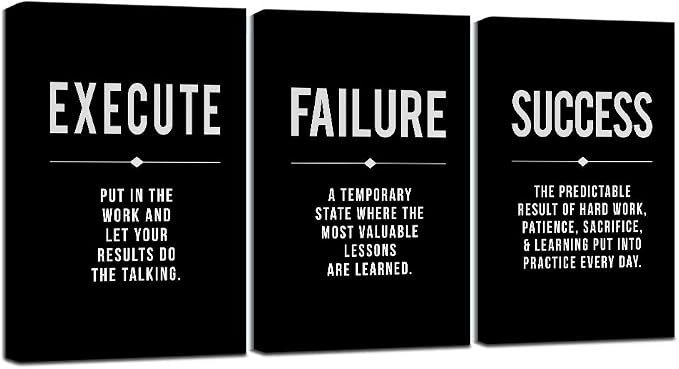 Framed Canvas Wall Art Success Quote, Office Wall Art, Black Large Poster, Positive Motivational Set of 3 Prints, Execute Failure Definition, Inspirational Print (A-3pcs,20x30inchx3pcs)
