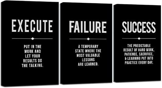 Framed Canvas Wall Art Success Quote, Office Wall Art, Black Large Poster, Positive Motivational Set of 3 Prints, Execute Failure Definition, Inspirational Print (A-3pcs,20x30inchx3pcs)