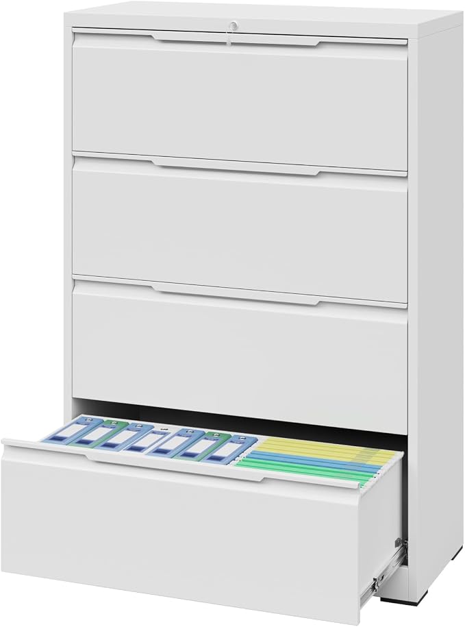 4 Drawer Lateral File Cabinet with Lock, Heavy-Duty Metal Filing Cabinet for Home Office, Steel Storage Compatible with Hanging Files Letter/Legal/F4/A4 Sizes (4 Drawer, White)