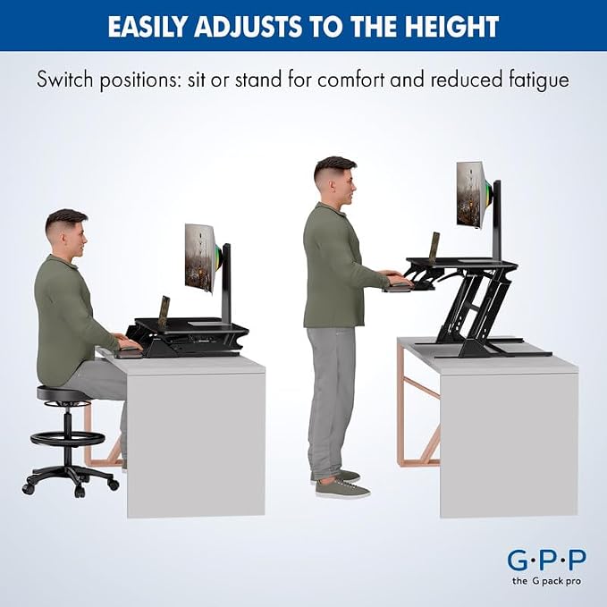 38″ Wide Standing Desk Converter – Sit-to-Stand Workstation for Dual Monitors, Height Adjustable Up to 17.3″ with Large Keyboard Tray – Black