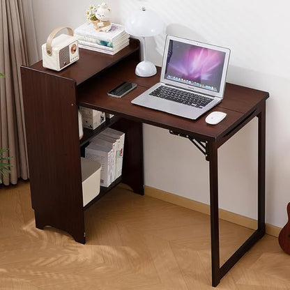 Folding Out Desk with Storage, Expandable Hidden Desk, Space-Saving Pull Out Murphy Table, Writing Table with Shelves and Mobile Wheels for Home Office, Bedroom Dorm Room Small Spaces (Walnut)