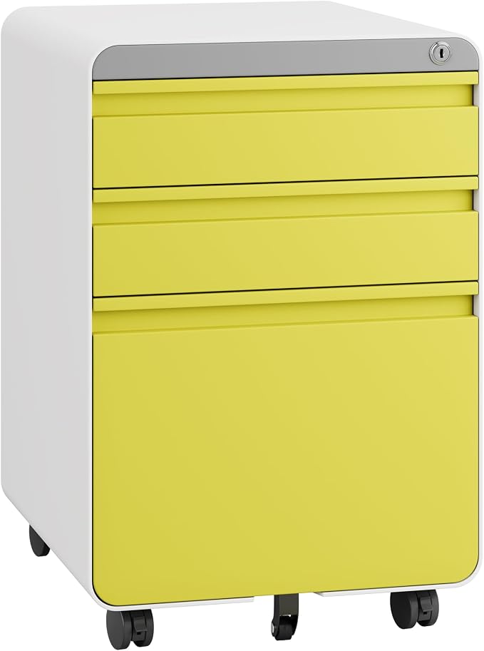 Dripex 3 Drawer Yellow File Cabinet, Mobile Under Desk Storage File Cabinet with Lock on Wheels, Letter/Legal Size, Fully Assembled, Small Short Vertical Metal Rolling Filing Cabinets for Home Office