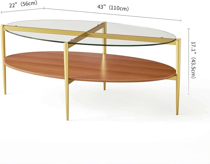 LumFurn Oval Glass Coffee Table, Mid-Century Modern Design, L43 x W22 x H17 inch, 2-Tier Structure, Olive Shaped Clear Glass Top and Walnut Finish Wood Shelf, Tapered Legs with Gold Finish Frame