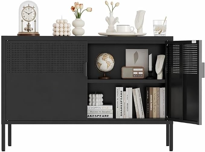Metal Storage Cabinet,2 Door TV Stand, Metal Mesh Accent Cabinet,Magnetic Door Closure,Low Storage Cabinets with Doors and Shelf for Home,Office,Living Room