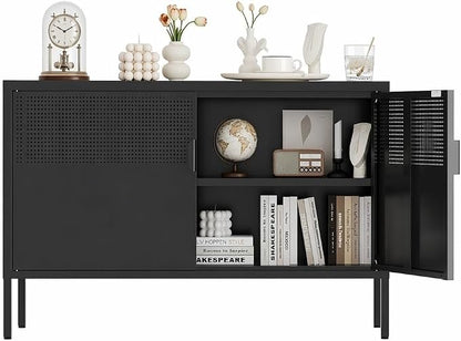 Metal Storage Cabinet,2 Door TV Stand, Metal Mesh Accent Cabinet,Magnetic Door Closure,Low Storage Cabinets with Doors and Shelf for Home,Office,Living Room