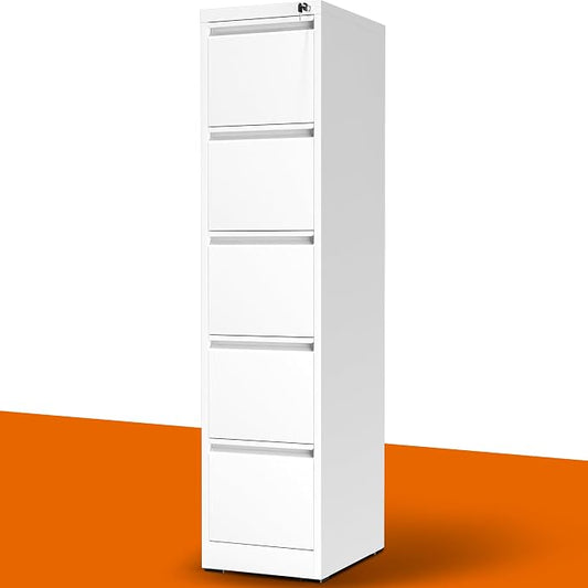 5 Drawer File Cabinet with Lock, Metal Vertical File Cabinets for Home Office, Office Furniture for Organization Hanging Legal/Letter/A4, Office File Cabinet Storage Cabinet, Require Assembly, White