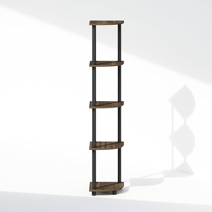 Furinno Turn-N-Tube Storage Shelves, 5-Tier Book Shelf, Corner Shelf, Toolless Open Shelves, for Organization and Storage, Living Room, Home Office, Hallway, Bedroom, Columbia Walnut