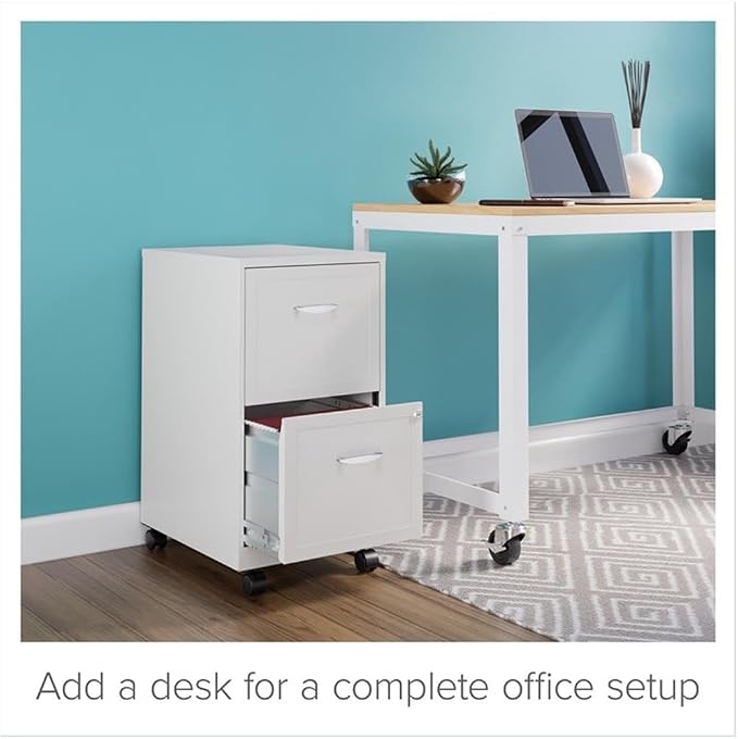 Pemberly Row 18" 2-Drawer Mobile Metal Filing Cabinet, Pearl White Finish, 26.7" H x 14.25" W x 18" D, Lockable Design with Casters, Home Office Storage Organizer for Letter-Size Hanging Files