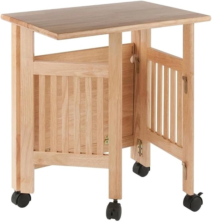 Pemberly Row Portable Foldable Printer Stand, Solid Wood Construction, Natural Finish, 27.17"H x 24.02"W x 16.22"D, Swivel Casters with Locking Wheels, Transitional Style Home Office or Kitchen Use