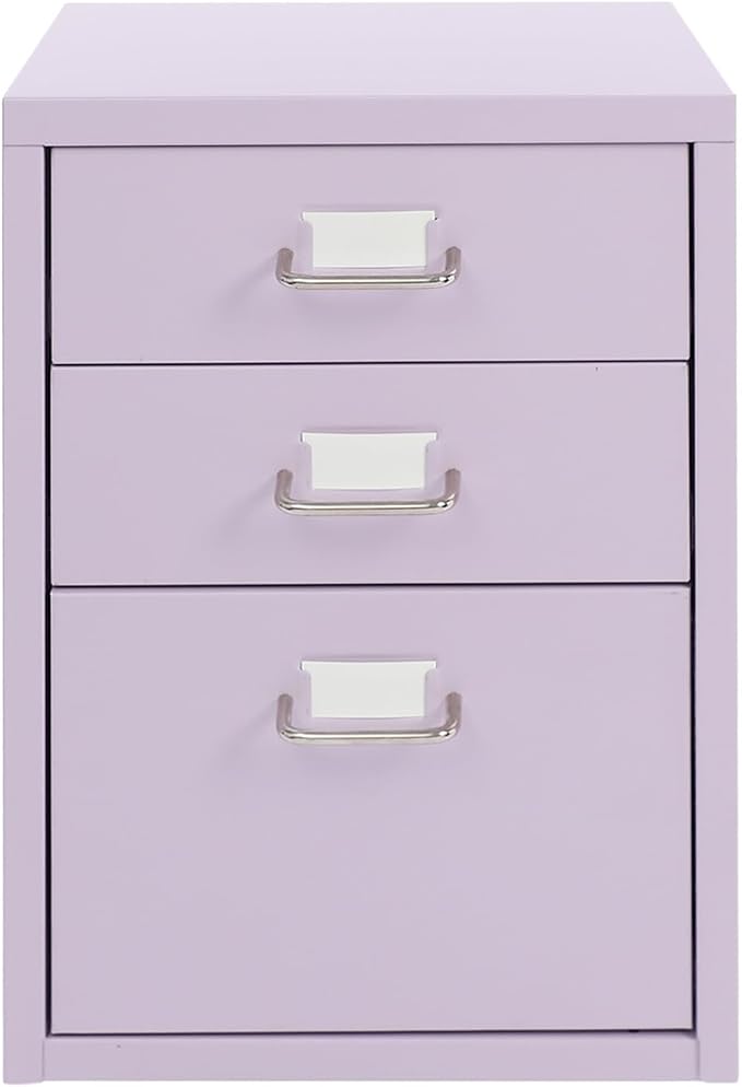3-Drawer Mobile File Cabinet, Metal Filing Storage Cabinet with Wheels Small Nightstand Under Desk Organizer for Home Office (Purple)