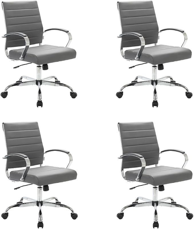 LeisureMod Benmar Leather Office Desk Chair, Mid-Back Ergonomic Swivel Chair with Lumbar Support, Adjustable Height, Tilt Lock, Cushioned Seat & Back, Home Office Task Chair (Grey, Set of 4)