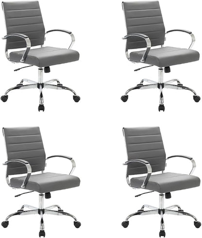 LeisureMod Benmar Leather Office Desk Chair, Mid-Back Ergonomic Swivel Chair with Lumbar Support, Adjustable Height, Tilt Lock, Cushioned Seat & Back, Home Office Task Chair (Grey, Set of 4)