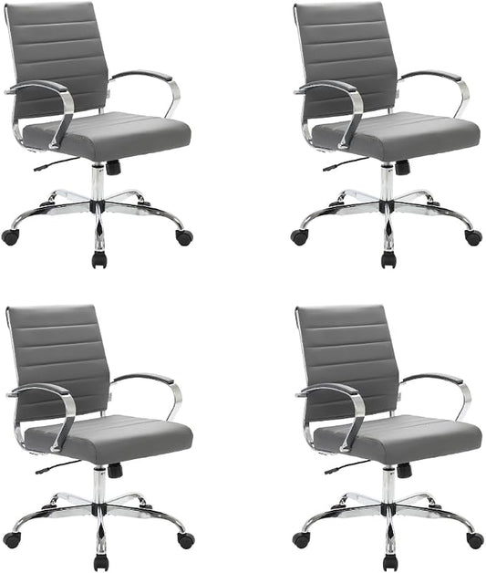 LeisureMod Benmar Leather Office Desk Chair, Mid-Back Ergonomic Swivel Chair with Lumbar Support, Adjustable Height, Tilt Lock, Cushioned Seat & Back, Home Office Task Chair (Grey, Set of 4)