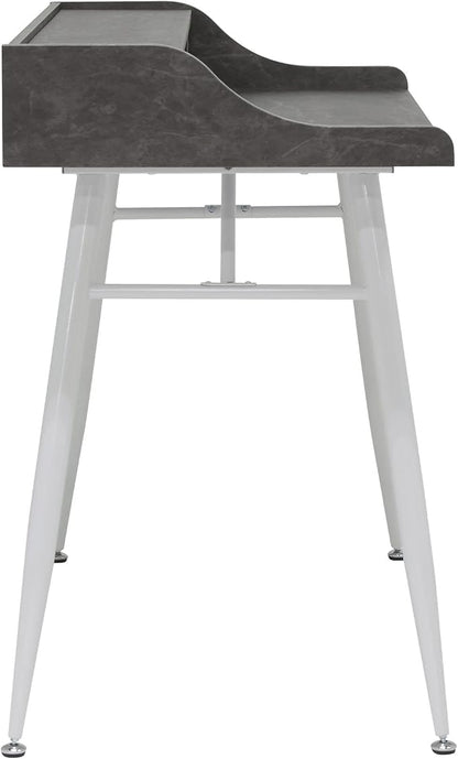 Calico Designs Woodford 45” Wide Modern, Secretary, Writing, Desk with Low Storage Hutch and Whtie Metal Tapered Legs in Marbled Dark Grey, White