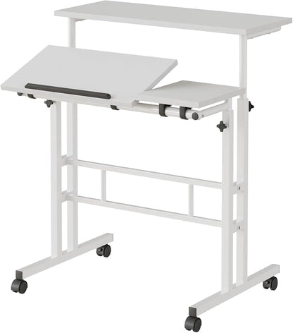 VECELO Mobile Small Standing Desk Adjustable Height, Computer Workstations with Tiltable Tabletop, Lockable Wheels, Portable Rolling Laptop Desk for Home Office, White
