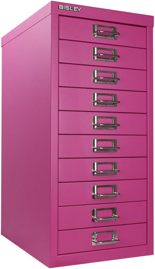 Bisley 10-Drawer Steel MultiDrawer Cabinet - Fuchsia | Chrome Pull Handles with Label Holders, Powder-Coated Steel, Removable Drawers, Fits Under Most Desks, Labels Included