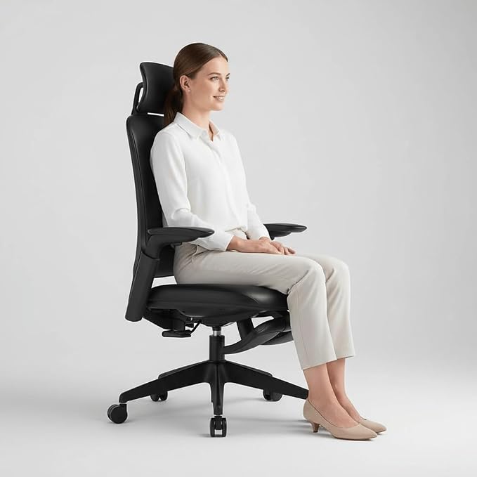 Sunaofe Boss Pro Leather Ergonomic Office Chair with Footrest - Executive Chair, 4D Armrests, Adaptive Lumbar, 125° Recline, 300lb Capacity, 5-Year Warranty Black Frame/Black