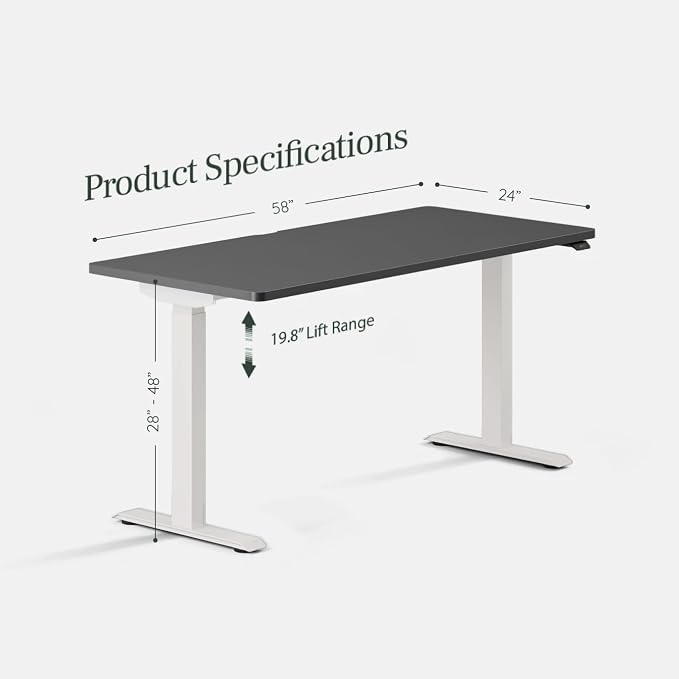Branch Duo Standing Desk 58 Inches - Adjustable Standing Desk with 20” Range - OLED Control Panel - Frameless Design & Compact Size Suitable for Many Spaces - Charcoal Top - White Base