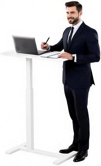 Mobile Standing Desk with Hidden Wheels,Adjustable Pneumatic Standing Laptop Desk,Rolling Teacher Overbed Bedside Table for Home,Office,Classroom,White