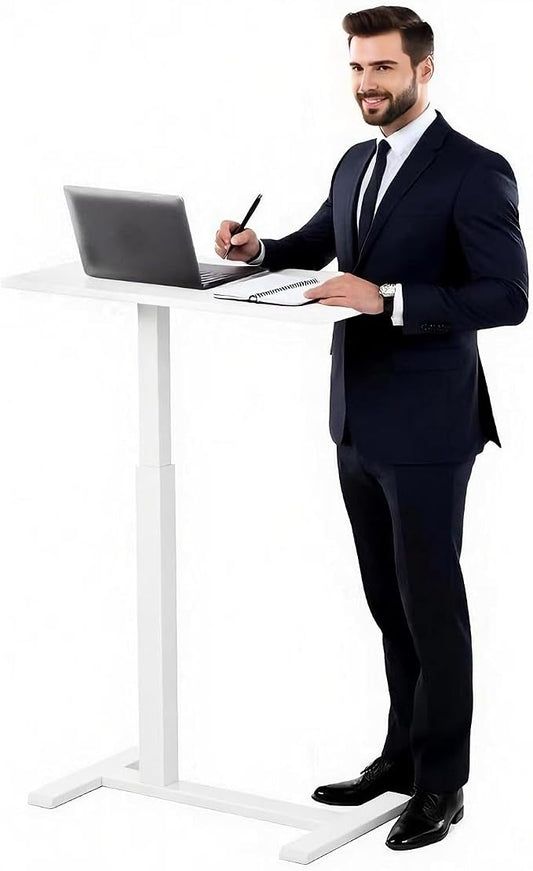 Mobile Standing Desk with Hidden Wheels,Adjustable Pneumatic Standing Laptop Desk,Rolling Teacher Overbed Bedside Table for Home,Office,Classroom,White