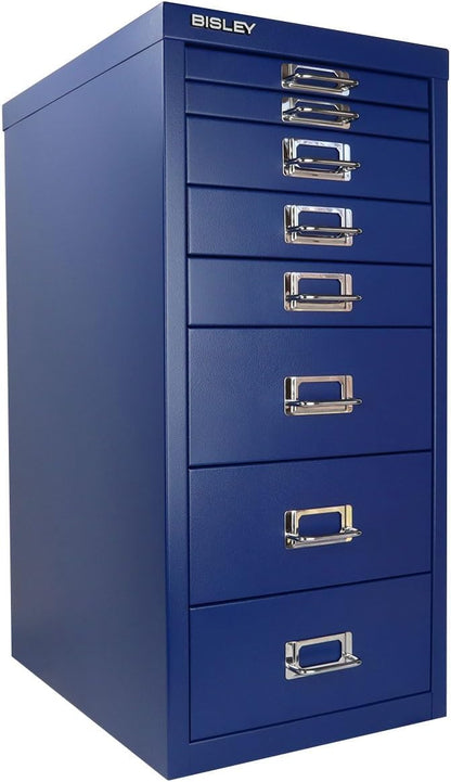 Bisley 8-Drawer Steel MultiDrawer Cabinet - Oxford Blue | Chrome Pull Handles with Label Holders, Powder-Coated Steel, Removable Drawers, Fits Under Most Desks, Labels Included