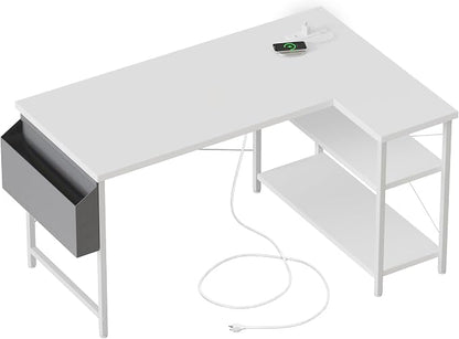 Mericonia Small L Shaped Computer Desk with Power Outlets, Reversible Gaming Desk with Storage Shelves, Corner Gamer Desk Table, Study Writing Table