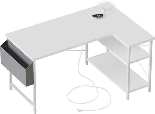 Mericonia Small L Shaped Computer Desk with Power Outlets, Reversible Gaming Desk with Storage Shelves, Corner Gamer Desk Table, Study Writing Table