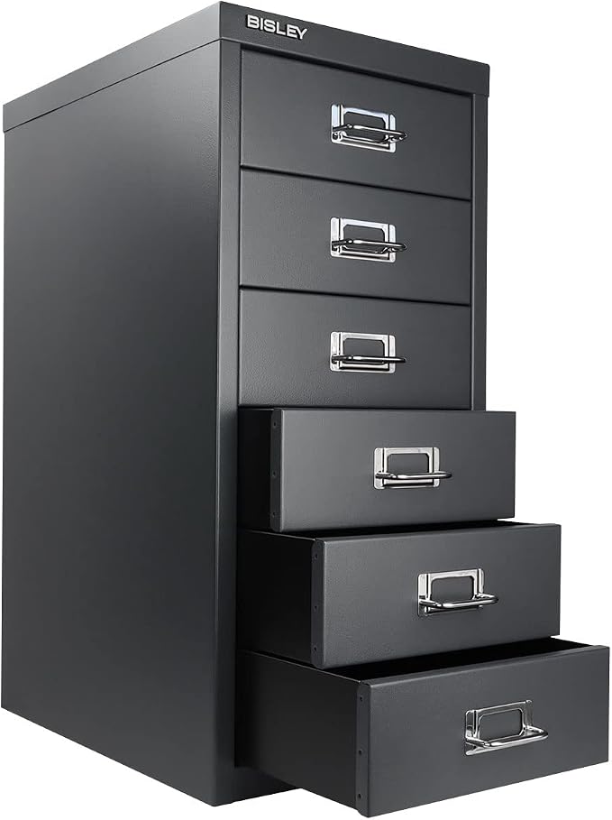Bisley 6-Drawer Steel MultiDrawer Cabinet - Anthracite Grey | Chrome Pull Handles with Label Holders, Powder-Coated Steel, Removable Drawers, Fits Under Most Desks, Labels Included