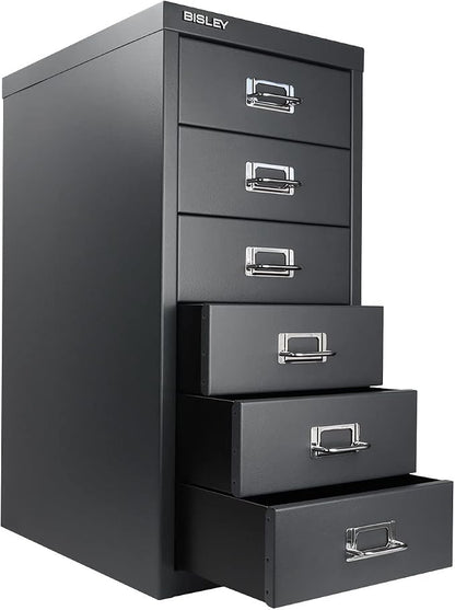 Bisley 6-Drawer Steel MultiDrawer Cabinet - Anthracite Grey | Chrome Pull Handles with Label Holders, Powder-Coated Steel, Removable Drawers, Fits Under Most Desks, Labels Included