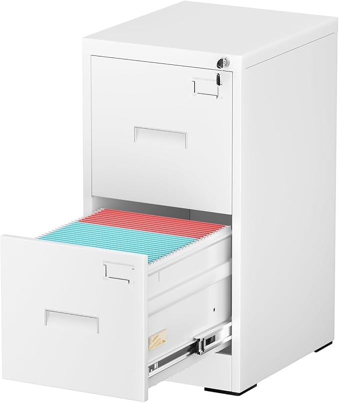 INTERGREAT 2 Drawer File Cabinet, White Metal Filing Cabinet with Lock, Lockable Vertical File Office Cabinet for Hanging Letters/Legal/A4, Assembly Required