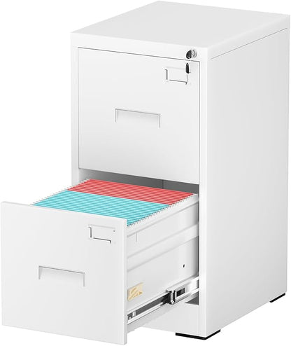 INTERGREAT 2 Drawer File Cabinet, White Metal Filing Cabinet with Lock, Lockable Vertical File Office Cabinet for Hanging Letters/Legal/A4, Assembly Required