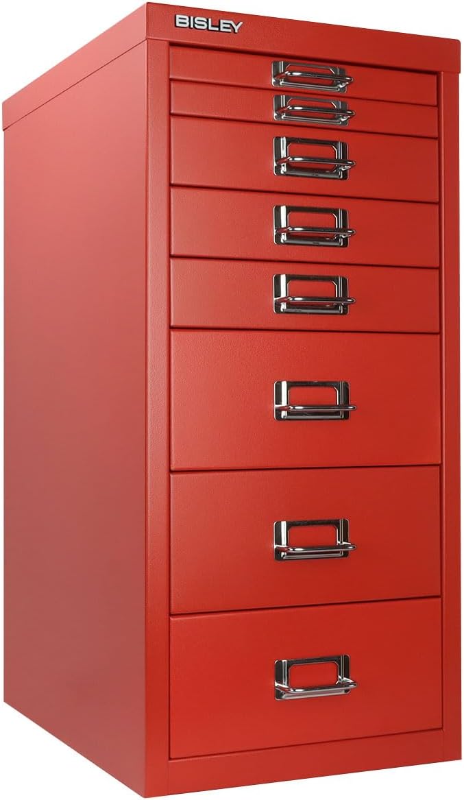 Bisley 8-Drawer Steel MultiDrawer Cabinet - Cardinal Red | Chrome Pull Handles with Label Holders, Powder-Coated Steel, Removable Drawers, Fits Under Most Desks, Labels Included