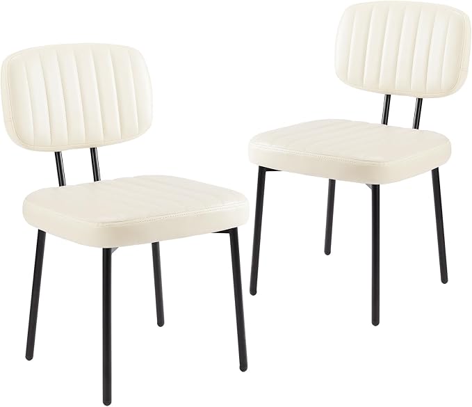 Sweetcrispy Dining Chairs Set of 2, Upholstered Mid Century Modern Kitchen Accent Chairs with Faux Leather Cushion Seat & Metal Legs for Home Office, Living Room-Beige White