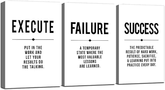 Framed Canvas Wall Art Success Quote, Office Wall Art, Black Large Poster, Positive Motivational Set of 3 Prints, Execute Failure Success Poster, Inspirational Print (D-3pcs,16x24inchx3pcs)