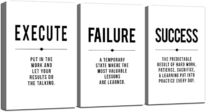 Framed Canvas Wall Art Success Quote, Office Wall Art, Black Large Poster, Positive Motivational Set of 3 Prints, Execute Failure Definition, Inspirational Print (D-3pcs,20x30inchx3pcs)